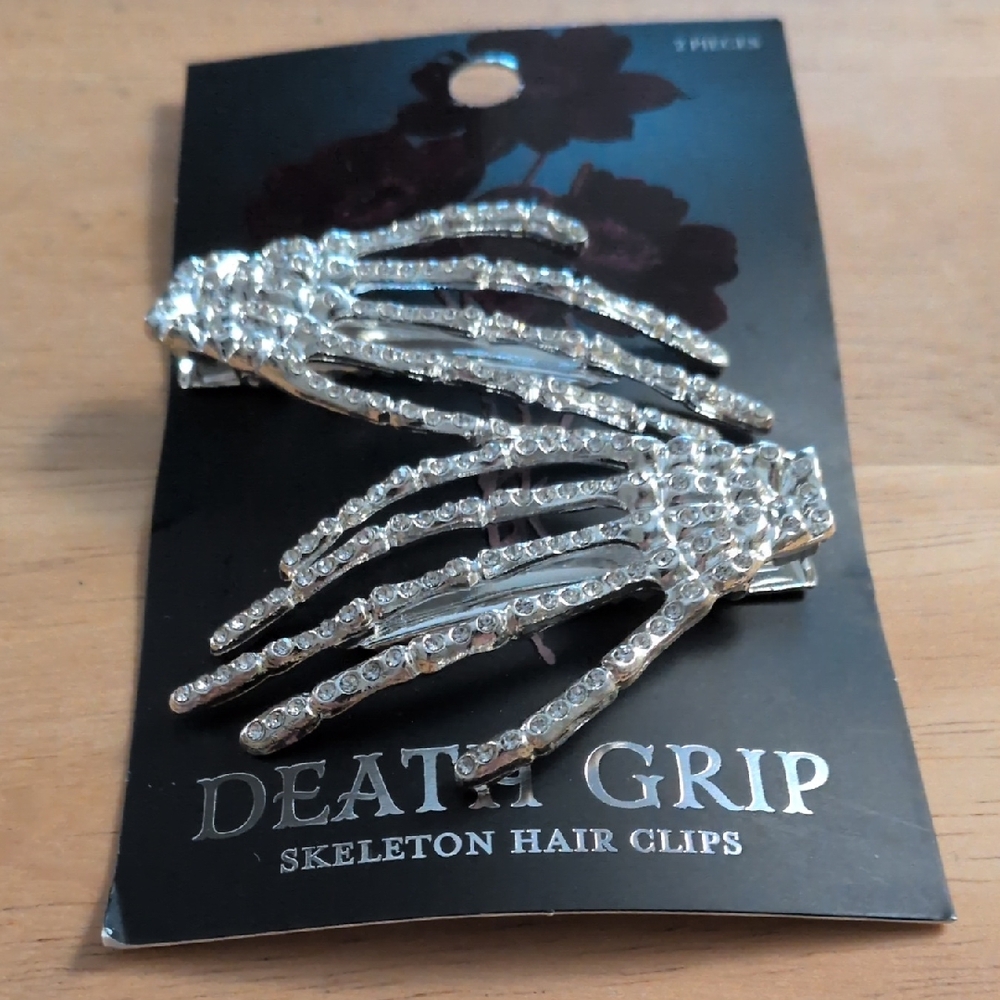 Skeleton Hands Rhinestone Silver Hair Clips